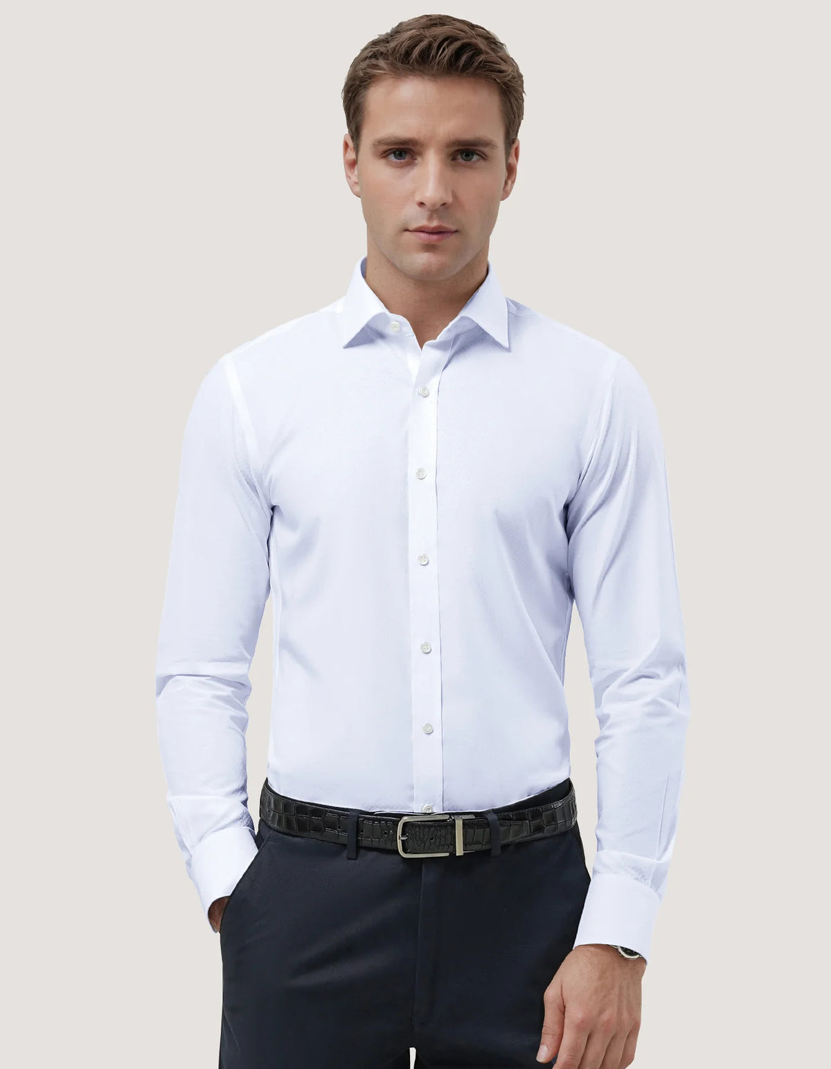 Men's Self Textured White Smart Fit Dress Shirt