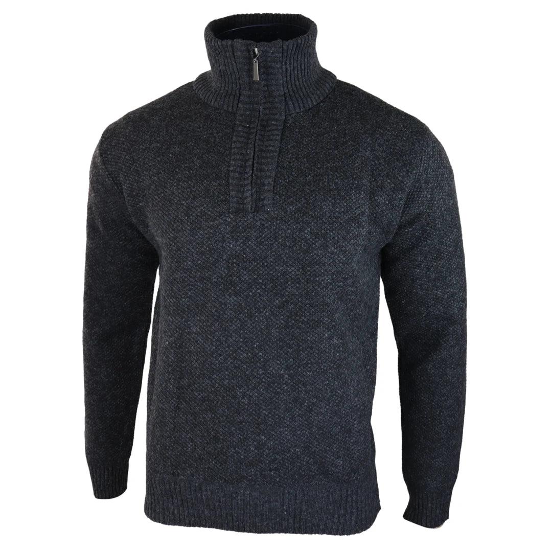Mens Jumper Fleece Fur Lined Pullover Knitted Warm Winter Casual Half Zip - Knighthood Store