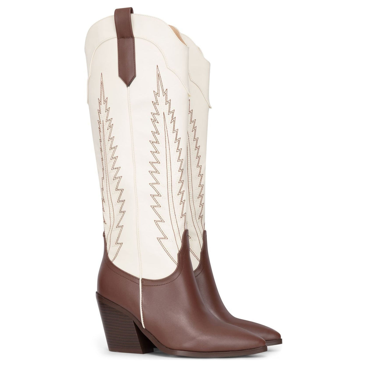 Women's Two-Tone Brown Cream Vegan Leather Western Knee-High Cowboy Boots
