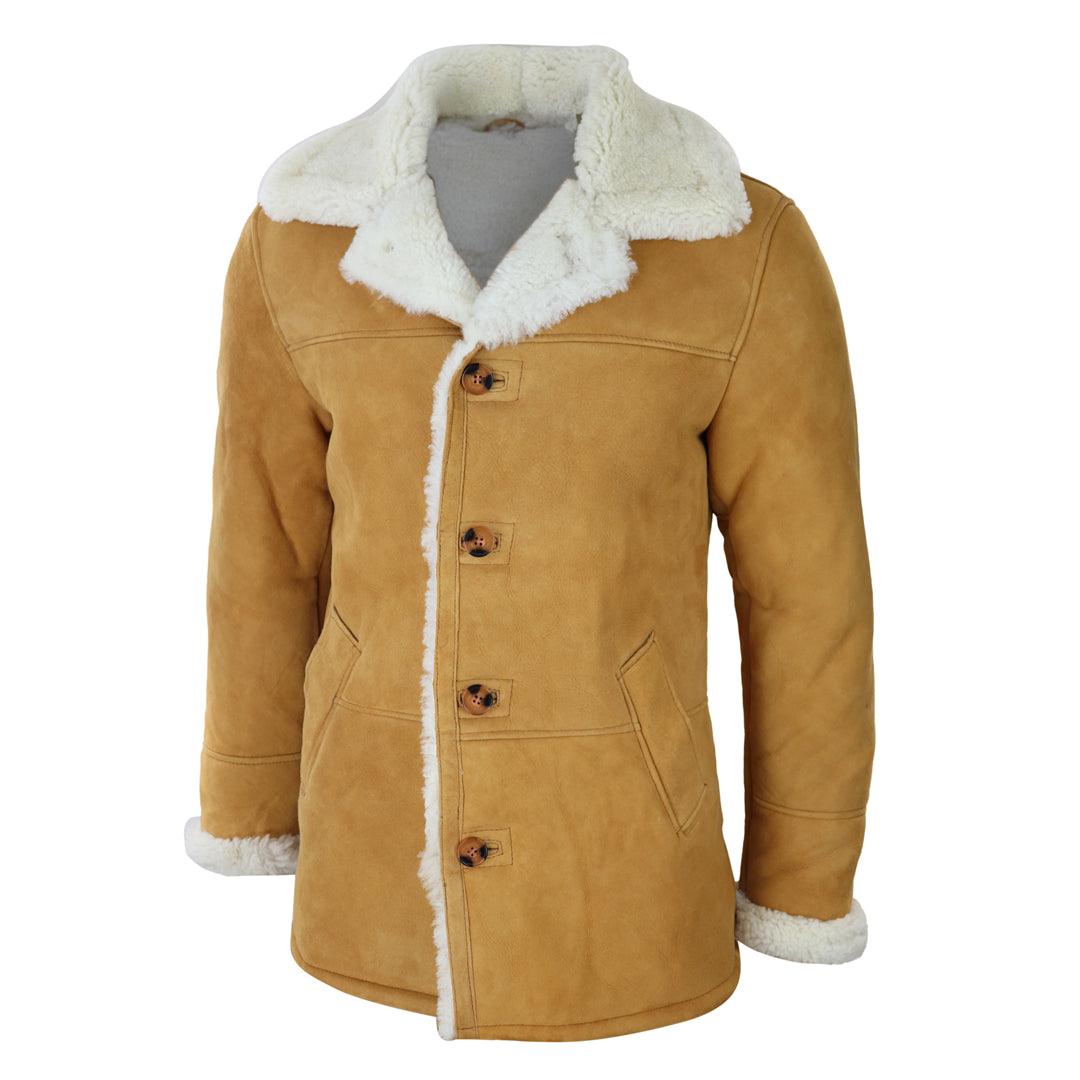 Mens 3/4 Genuine Sheepskin Coat Classic Tan Brown Camel Jacket Cream Fur - Knighthood Store