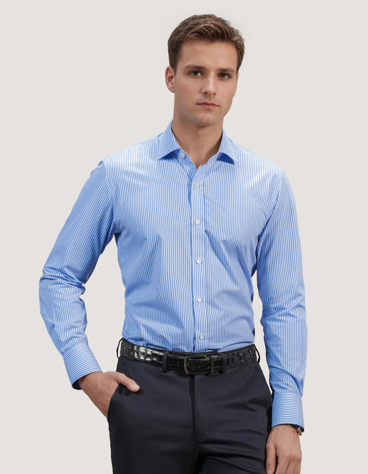 Men's Sky Blue Vertical Striped Formal Shirt