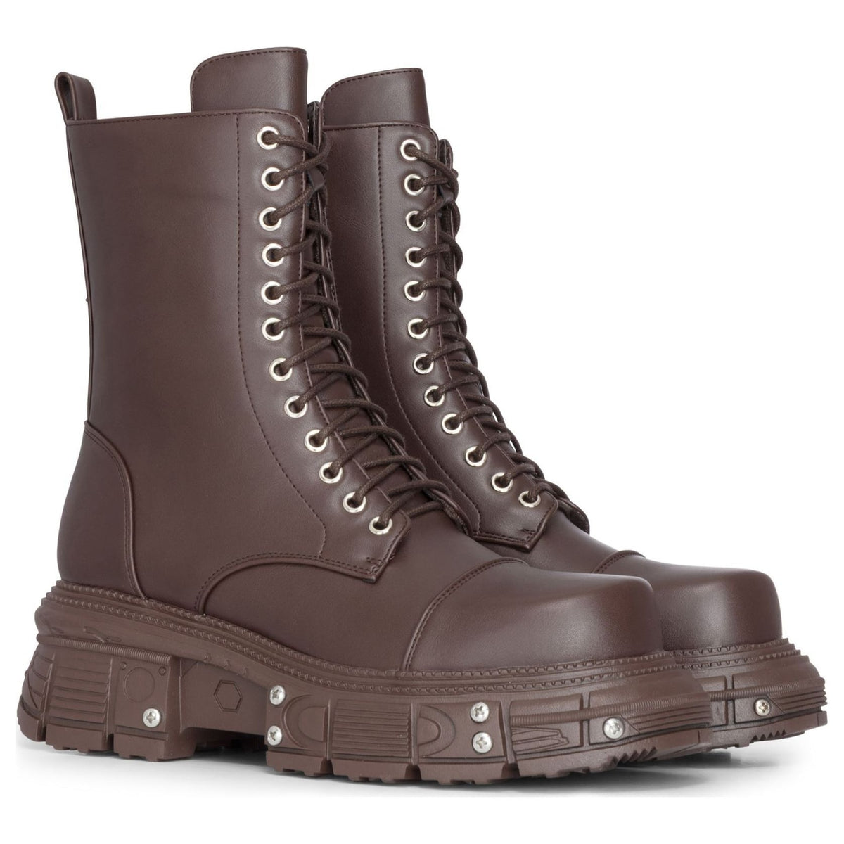 Women's Brown Vegan Leather Platform Mid-Calf Combat Boots