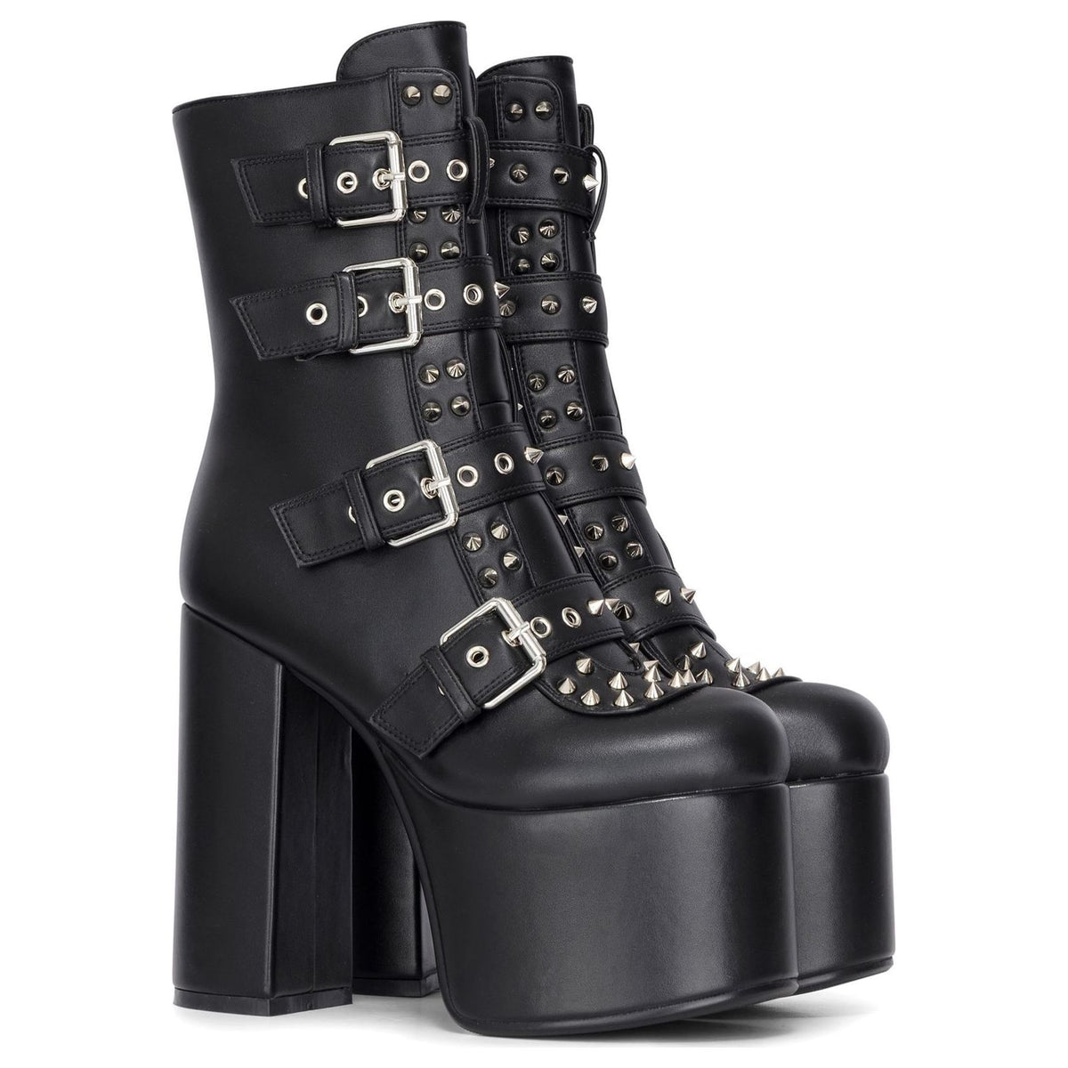 Women's Black Platform Mid-Calf Boots Vegan Leather Block Heel Booties