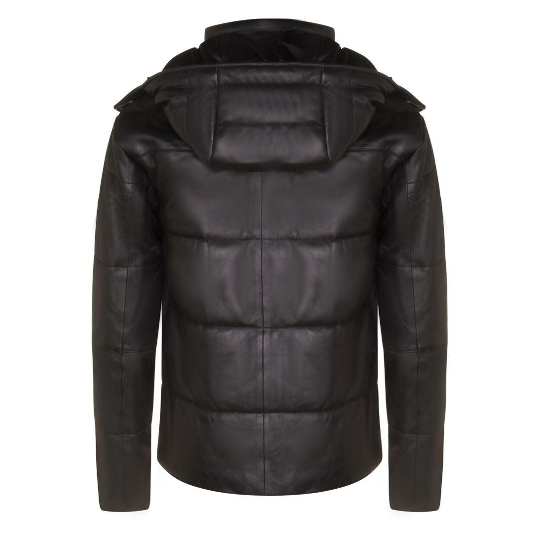 Mens Puffer Hood Jacket Real Leather Black Brown Casual Retro 80s Classic Casual - Knighthood Store