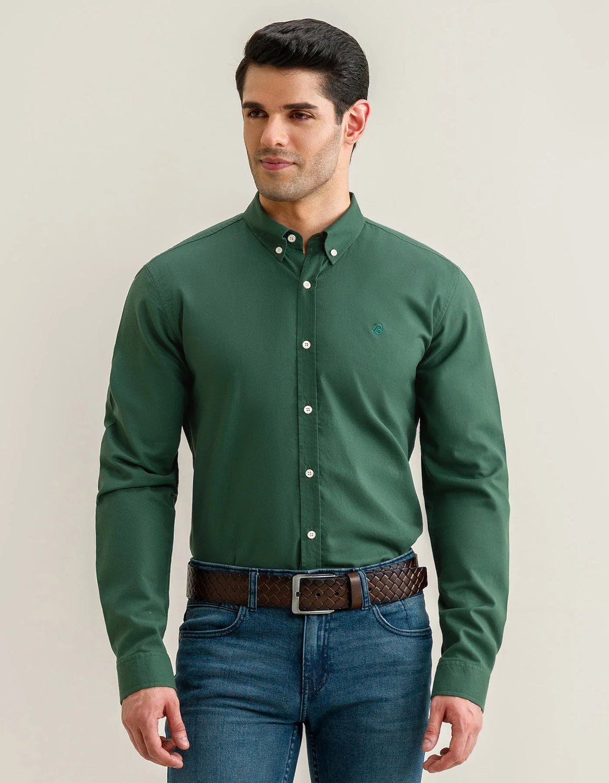 Men's Dark Green Long Sleeve Button Down Casual Shirt