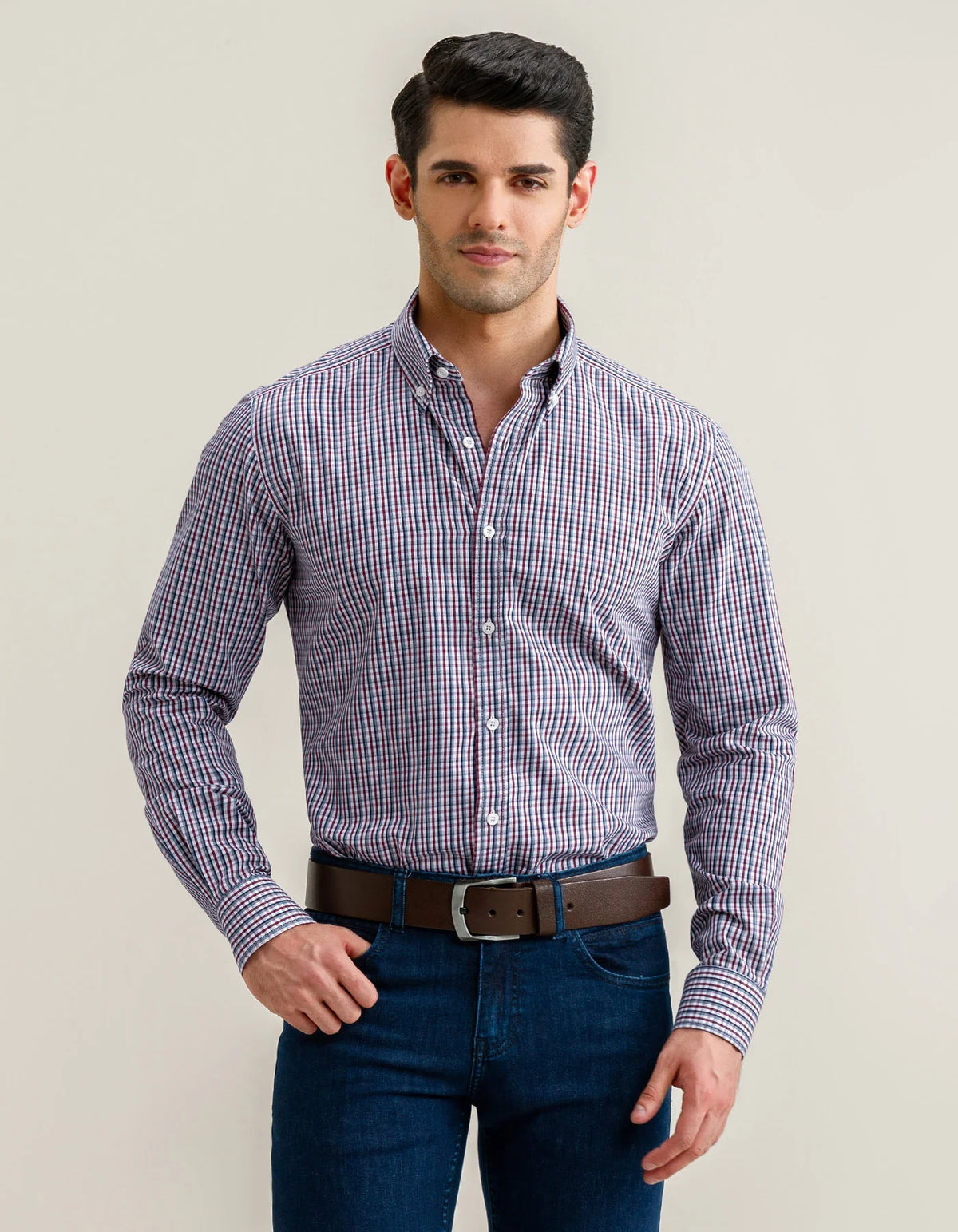 Brian Oak Men's Casual Checkered Shirt - Dark Maroon Cotton