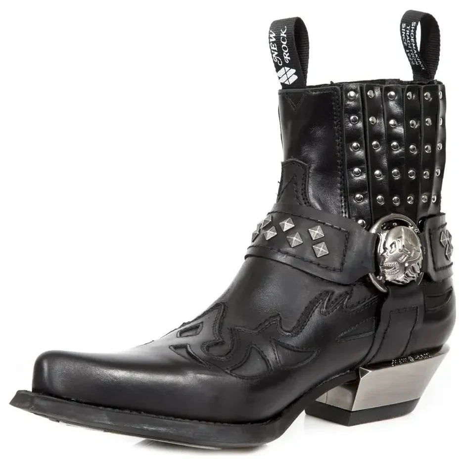 Men's New Rock M.7950-S1 Black Ankle Boots Western Goth Skull Stud