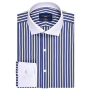 Navy Striped Cotton Shirt with Contrast Collar - Stylish Men's Shirt