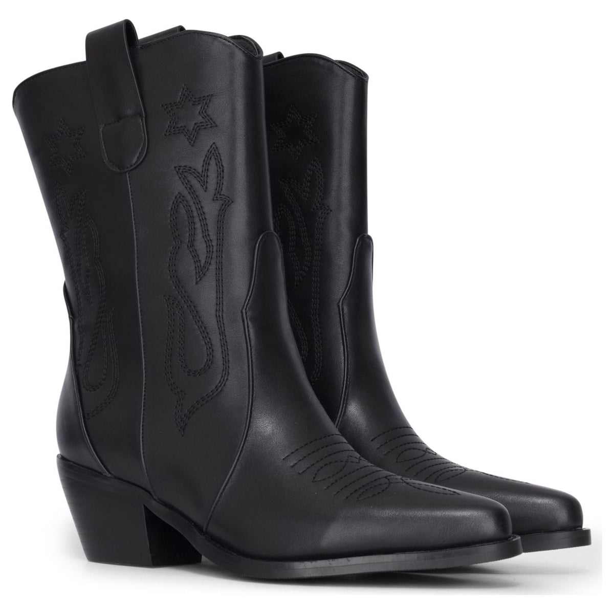 Women's Black Vegan Leather Embroidery Stitch Mid-Calf Western Cowboy Boots