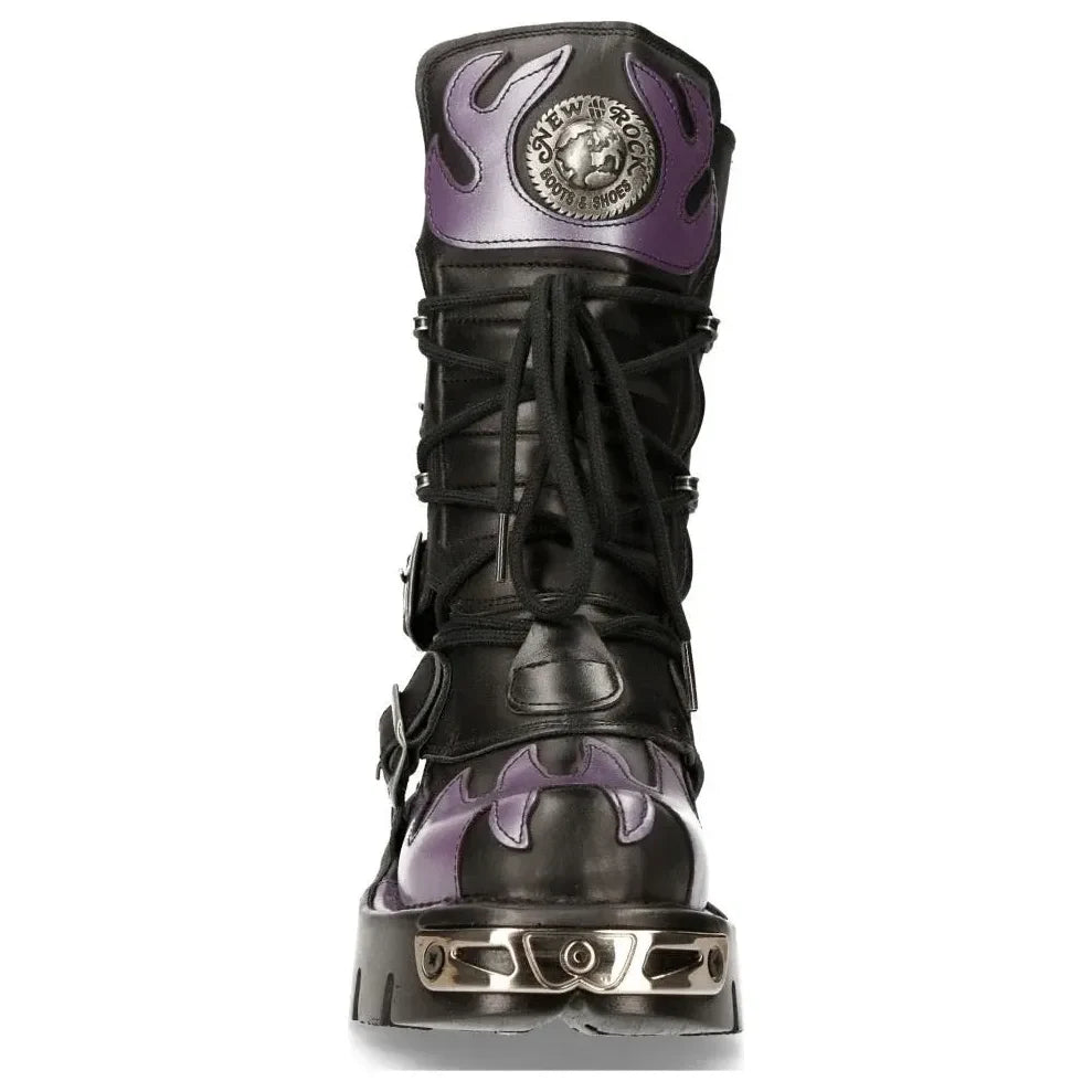Men's New Rock M-591-s5 Purple Flame Boots Black Leather Gothic