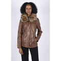 Womens Real Leather Short Parka Jacket Coat Fur Hood Zipped Brown Tan Black - Knighthood Store