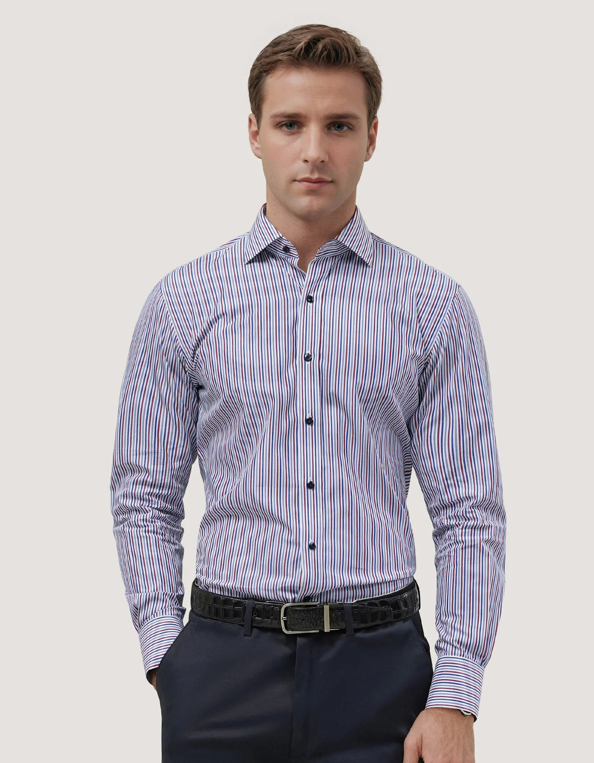 Brian Oak Maroon and White Striped Formal Shirt for Men - Cotton, Smart Casual Style