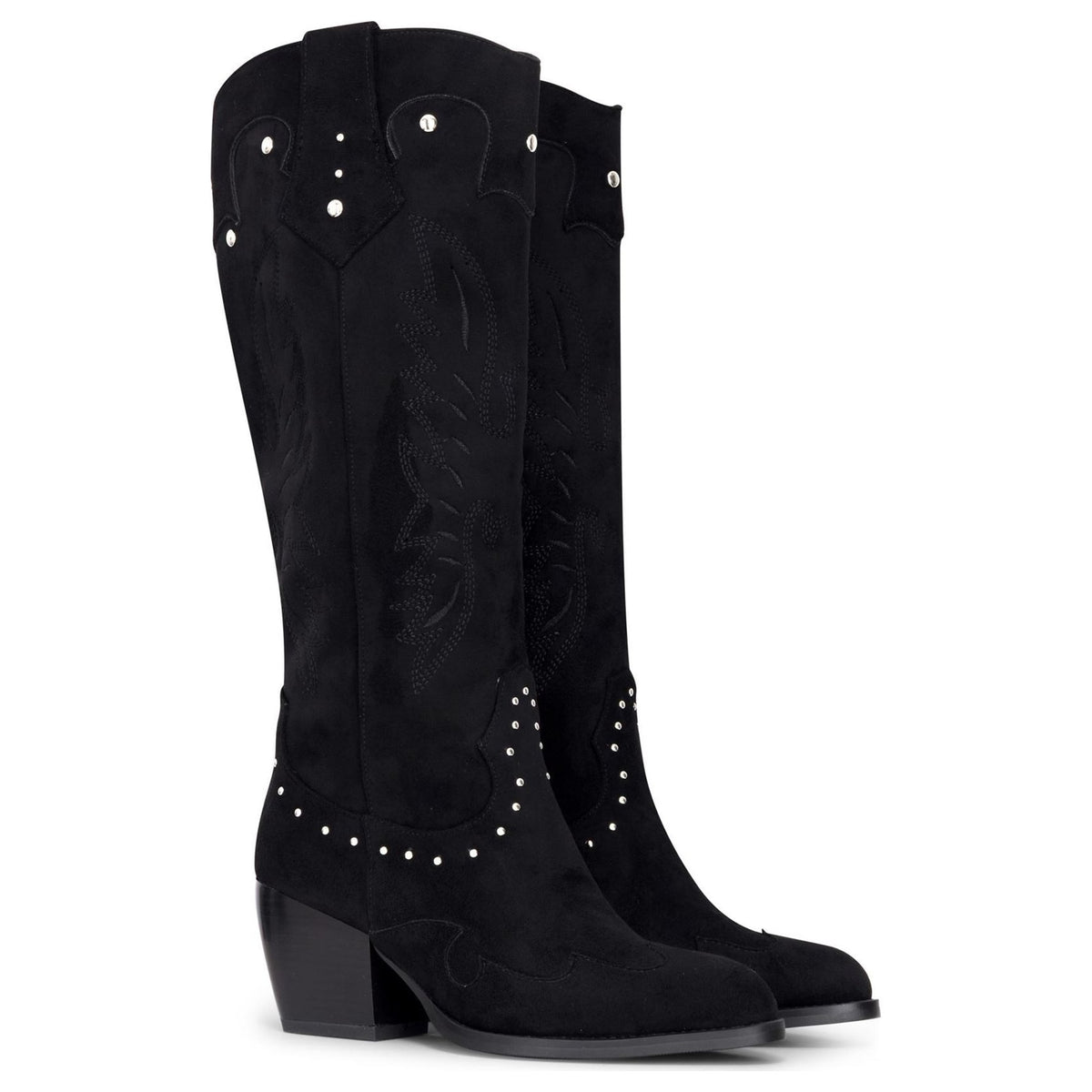 Women's Black Vegan Suede Knee-High Western Studded Cowboy Boots