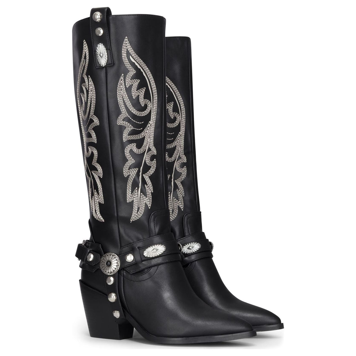 Women's Black Vegan Leather Knee-High Western Embroidered Cowboy Boots