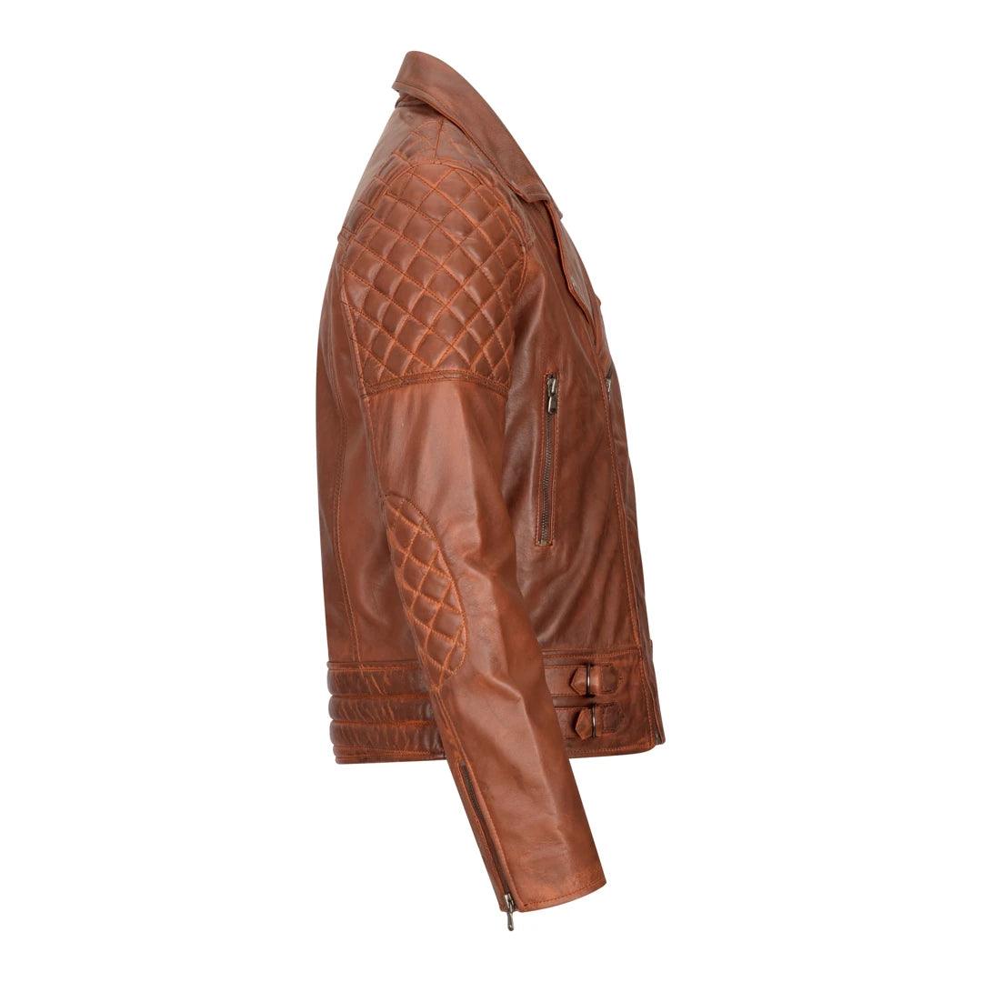 Mens Slim Fit Cross Zip Retro Vintage Brown Biker Punk Rock Real Leather Jacket - Knighthood Store