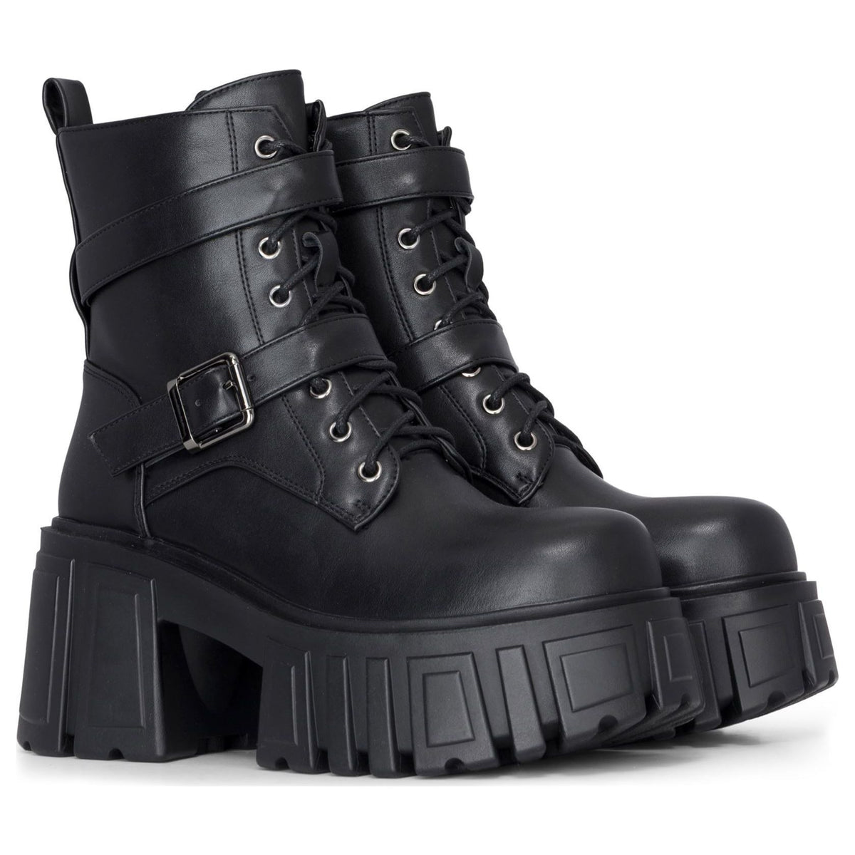 Women's Black Vegan Leather Mid-Calf Chunky Platform Combat Boots