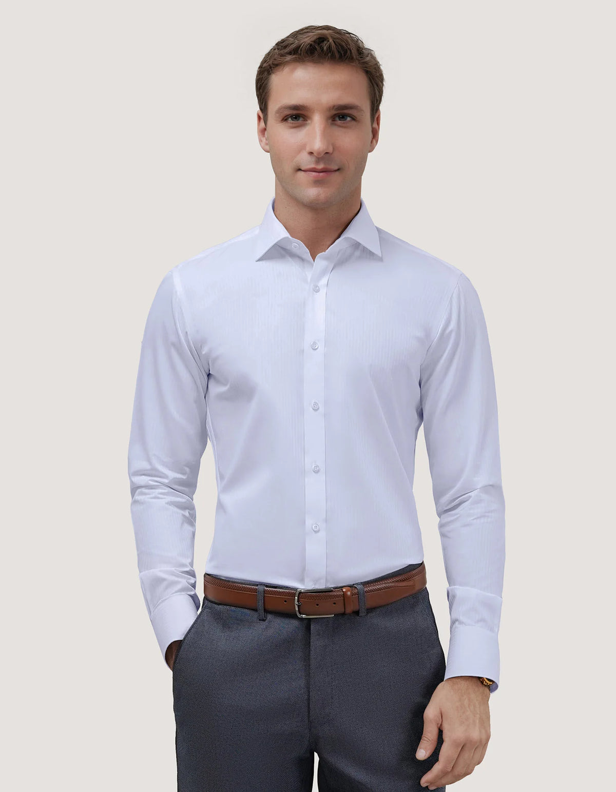 Men's White Self Striped Textured Shirt