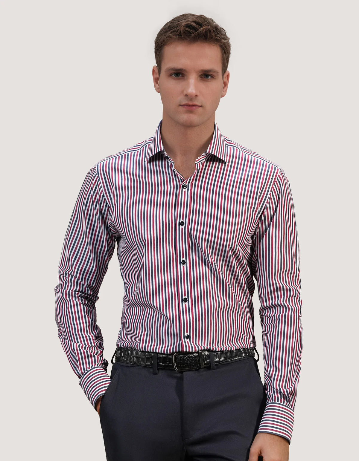 Men's Maroon Striped Cotton Dress Shirt
