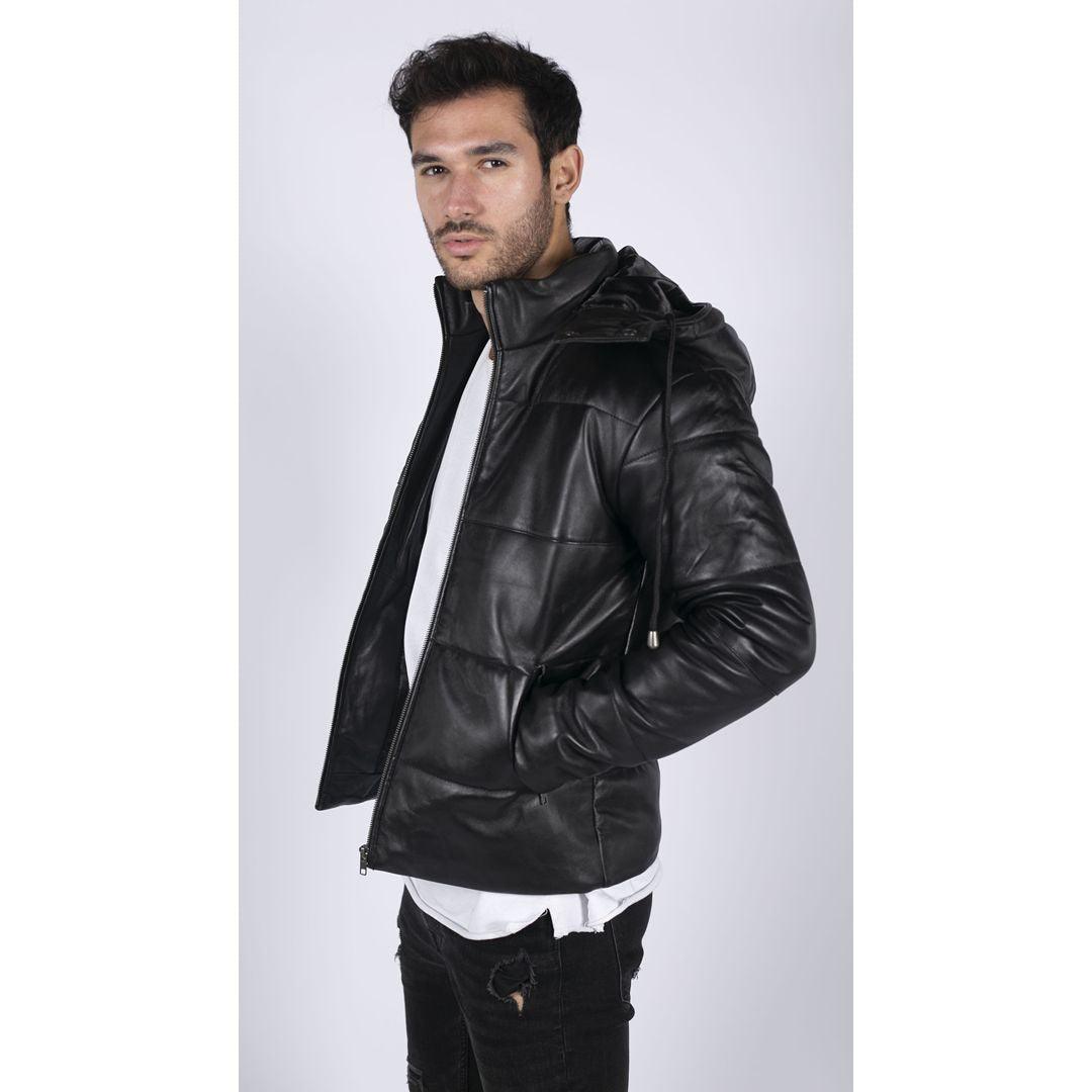 Mens Puffer Hood Quilted Jacket Real Leather Black Casual Retro 80s Classic Casual - Knighthood Store