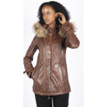 Womens Real Leather Parka Coat 3/4 Removable Hood Fur Button Cover Zipped - Knighthood Store