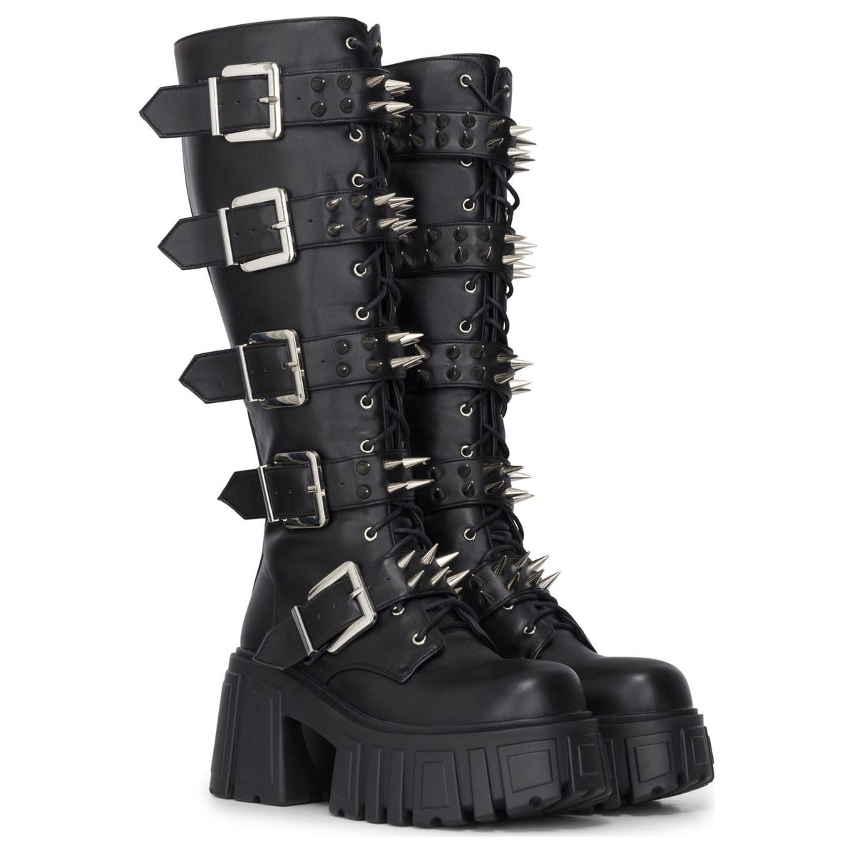 Women's Black Vegan Leather Knee-High Platform Combat Goth Punk Boots