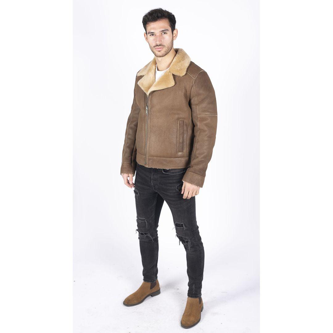 Mens Genuine Sheepskin Leather Cross Zip Flying Aviator Jacket Camel Brown Fur - Knighthood Store