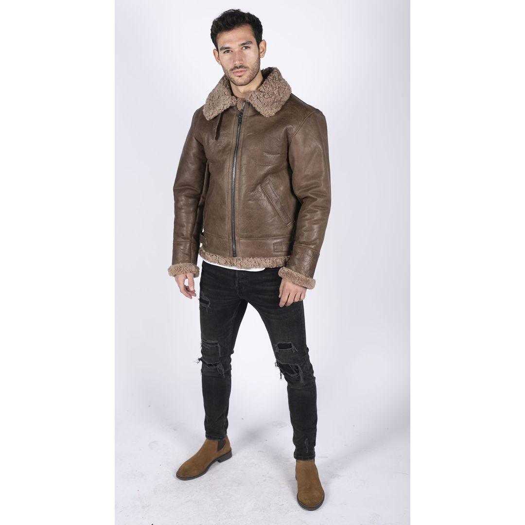 Mens Genuine Sheepskin Leather B3 Flying Aviator Vintage Brown Teddy Sheep Fur - Knighthood Store