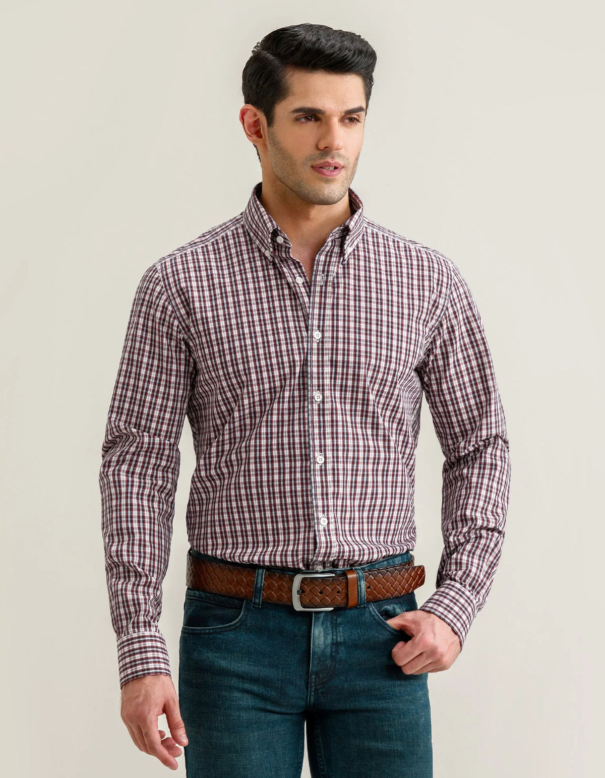 Men's Maroon Smart Fit Casual Check Shirt