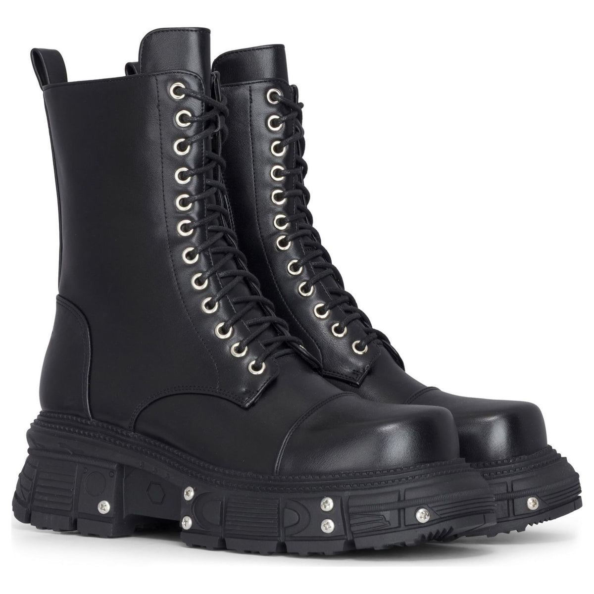 Women's Black Vegan Leather Platform Mid-Calf Combat Boots