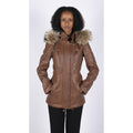 Womens Real Leather Parka Jacket 3/4 Fur Hood Zipped Brown Tan Grey Tailored Fit - Knighthood Store