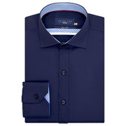 Men's Navy Satin Formal Shirt with Striped Contrast Trim