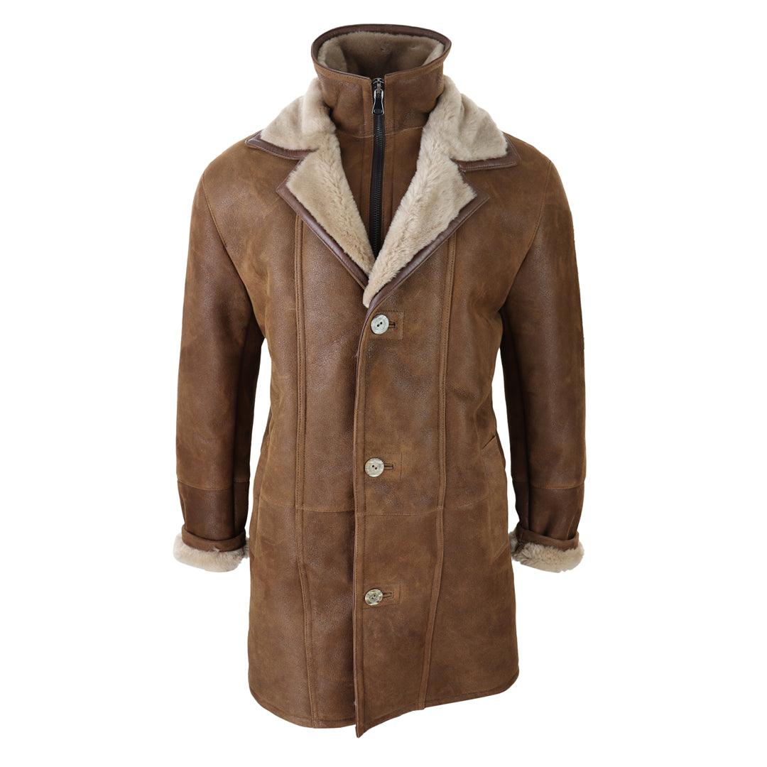 Mens 3/4 Duffle Jacket Real Sheepskin Long Smart Casual Button Zip Warm Coat - Knighthood Store