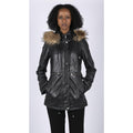 Womens Real Leather Parka Coat 3/4 Removable Hood Fur Button Cover Zipped - Knighthood Store