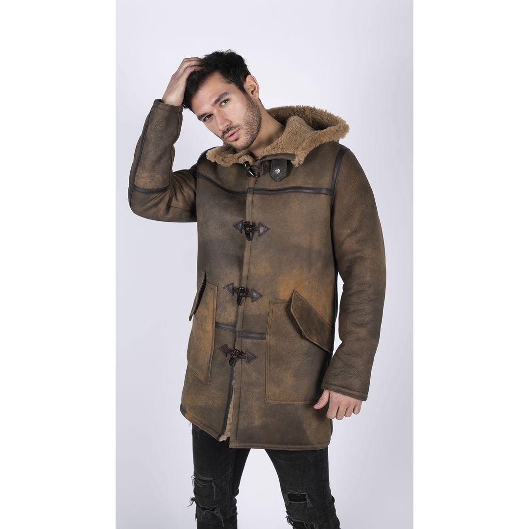 Mens Duffle 3/4 Coat Real Sheepskin Leather Jacket Toggle Classic Retro Brown - Knighthood Store