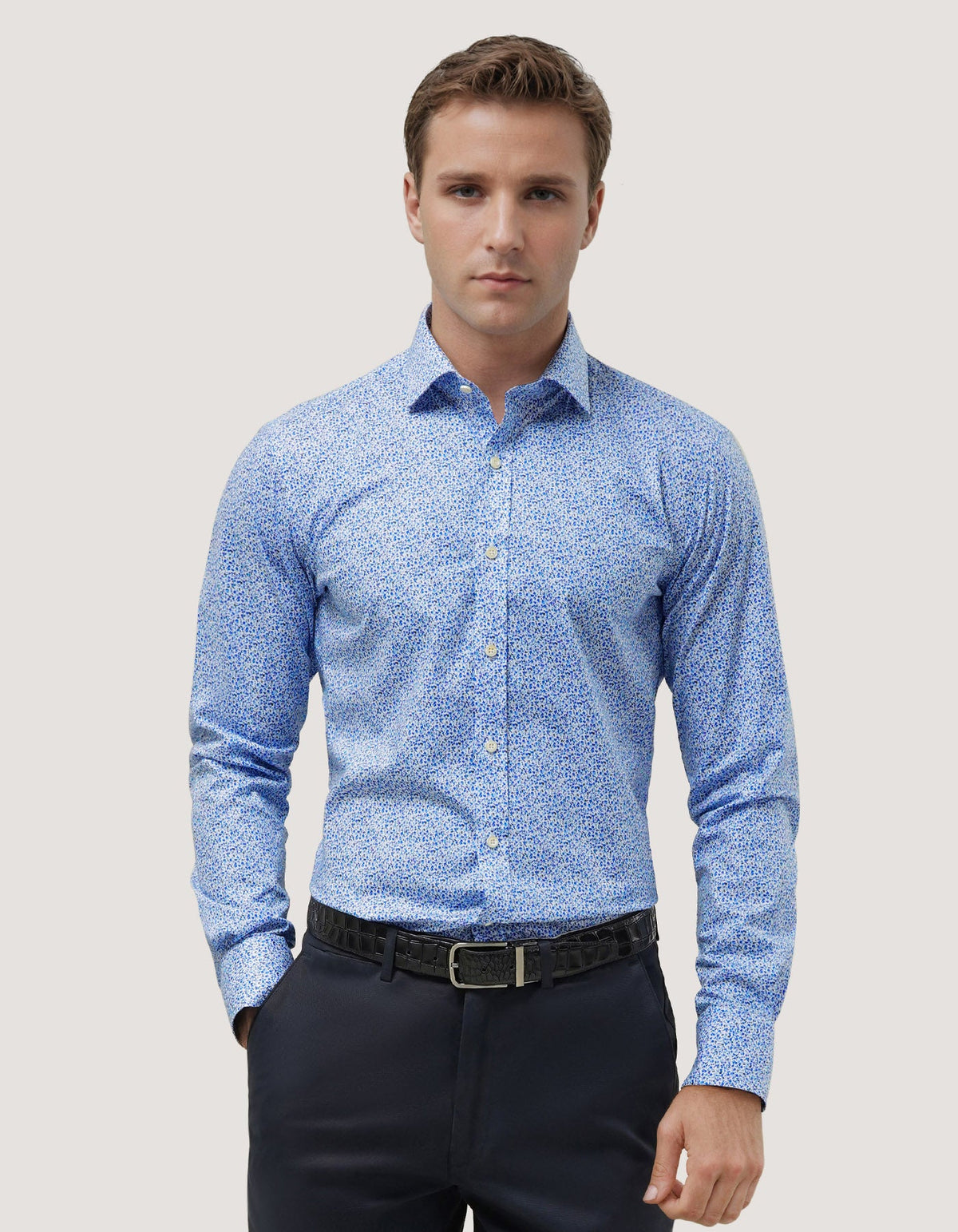 Men's Light Blue Floral Printed Formal Shirt