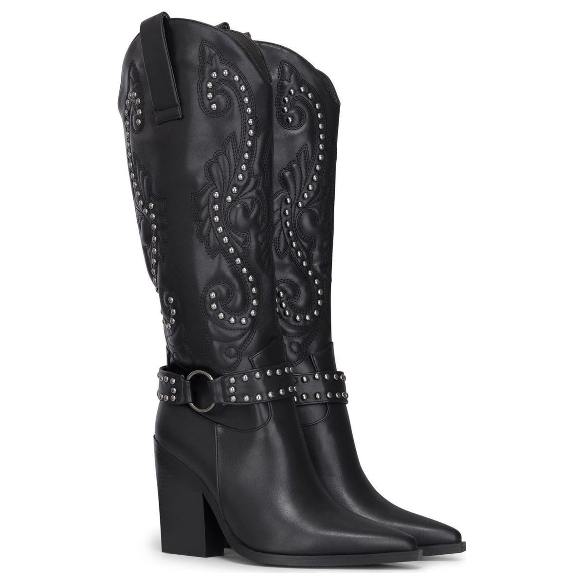 Women's Black Vegan Leather Silver Studs Knee-High Western Cowboy Boots