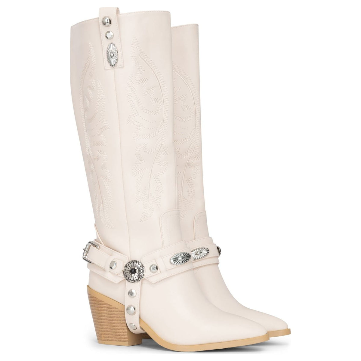 Women's White Vegan Leather Western Knee-High Embroidered Cowboy Boots