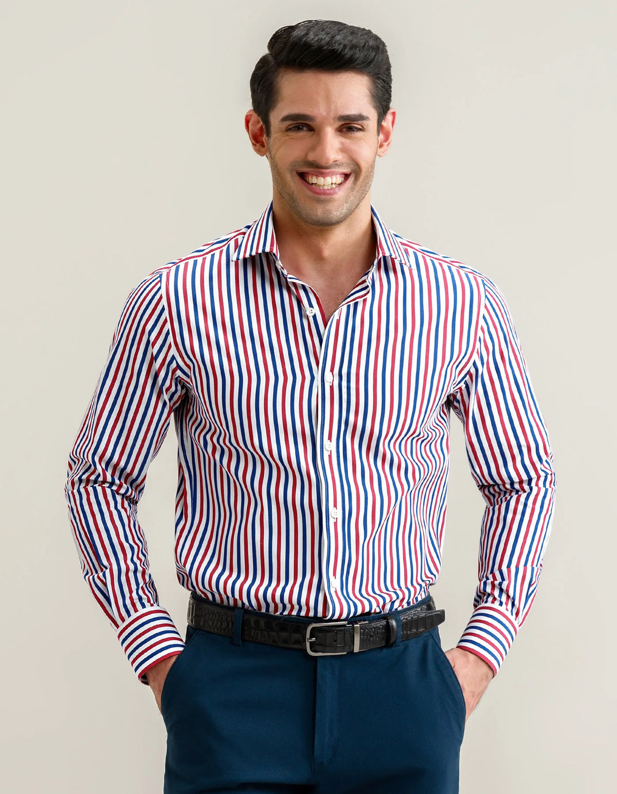 Men's Royal Blue and Red Striped Formal Shirt