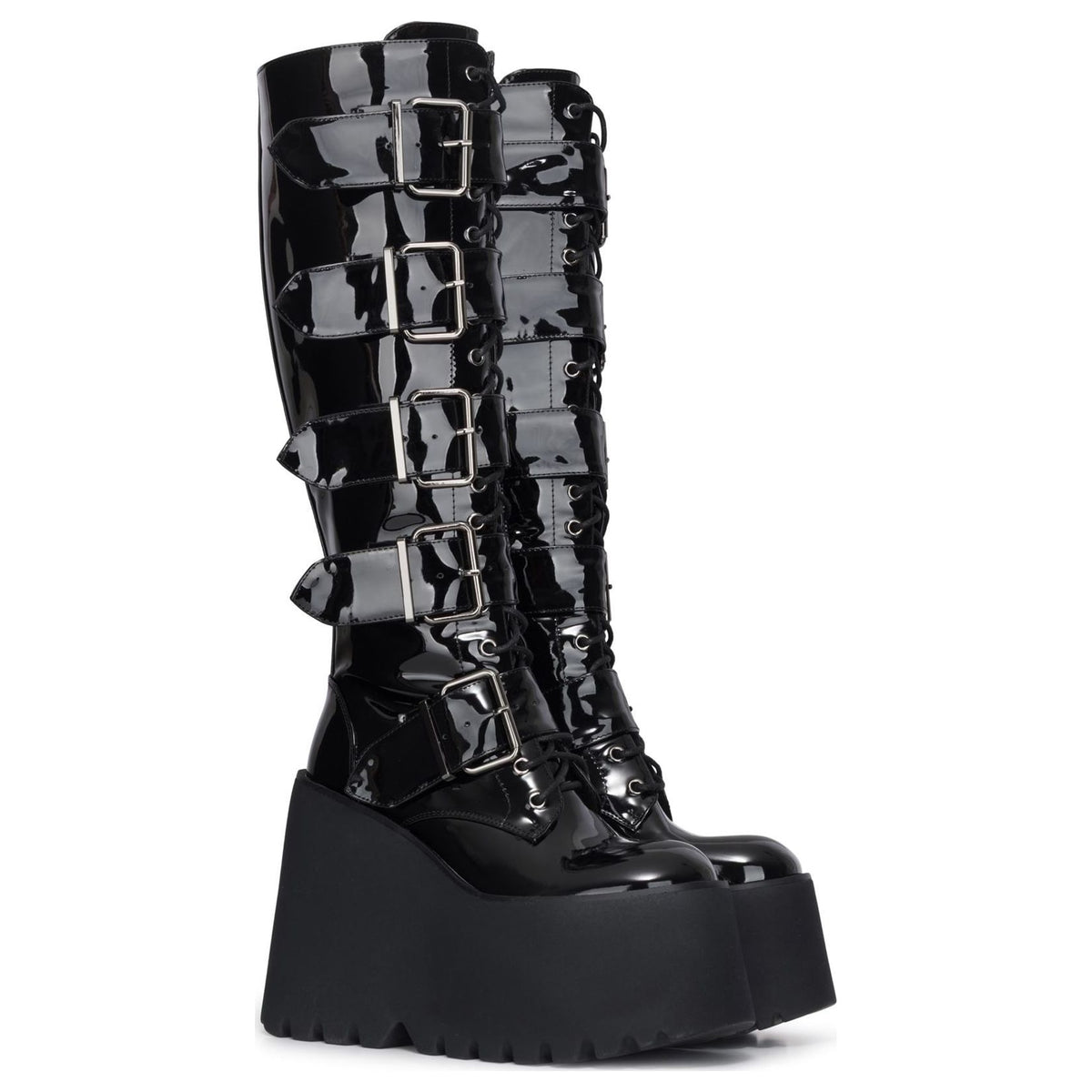 Women's Knee-High Platform Black Patent Vegan Leather Goth Wedge Boots