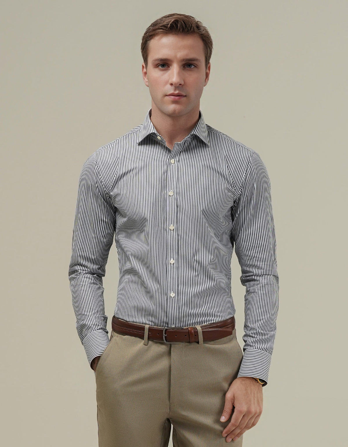 Men's Black and White Striped Formal Shirt