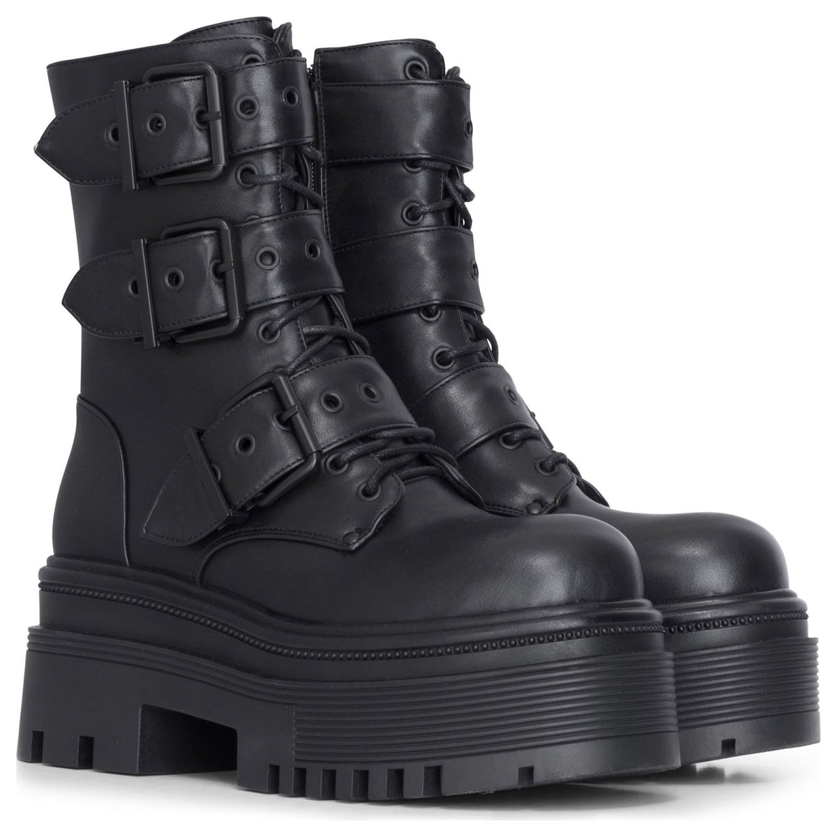 Women's Black Vegan Leather Mid-Calf Buckle Straps Platform Combat Boots