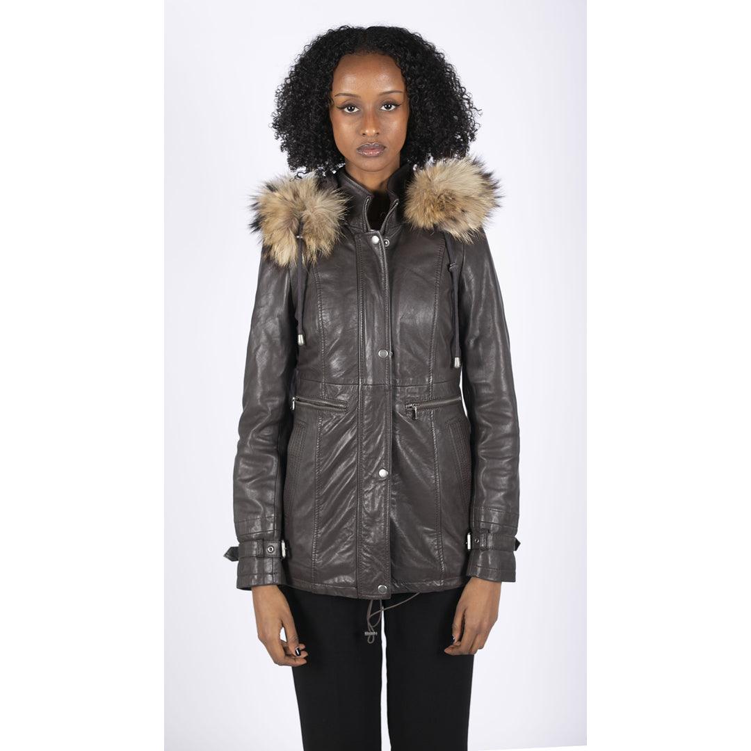 Womens Real Leather Parka Coat 3/4 Removable Hood Fur Button Cover Zipped - Knighthood Store