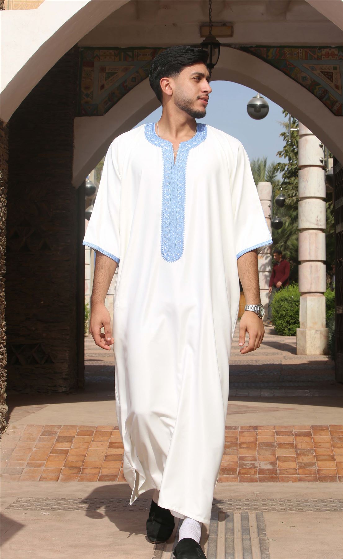Men's Moroccan Thobe Gandoura Short Sleeve Jubba Kaftan Eid Robe Arab Embroidery