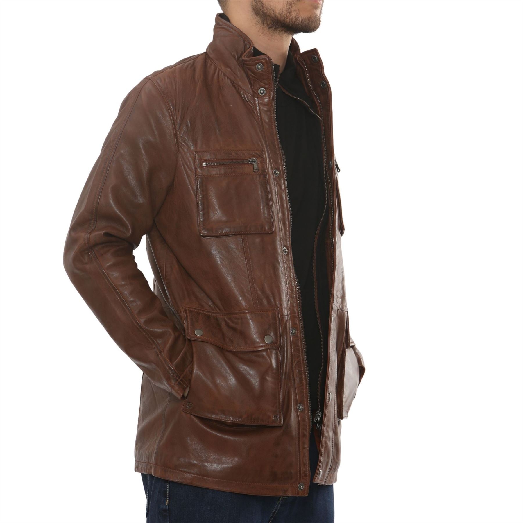 Men's Lambskin Leather Stand Collar Field Jacket