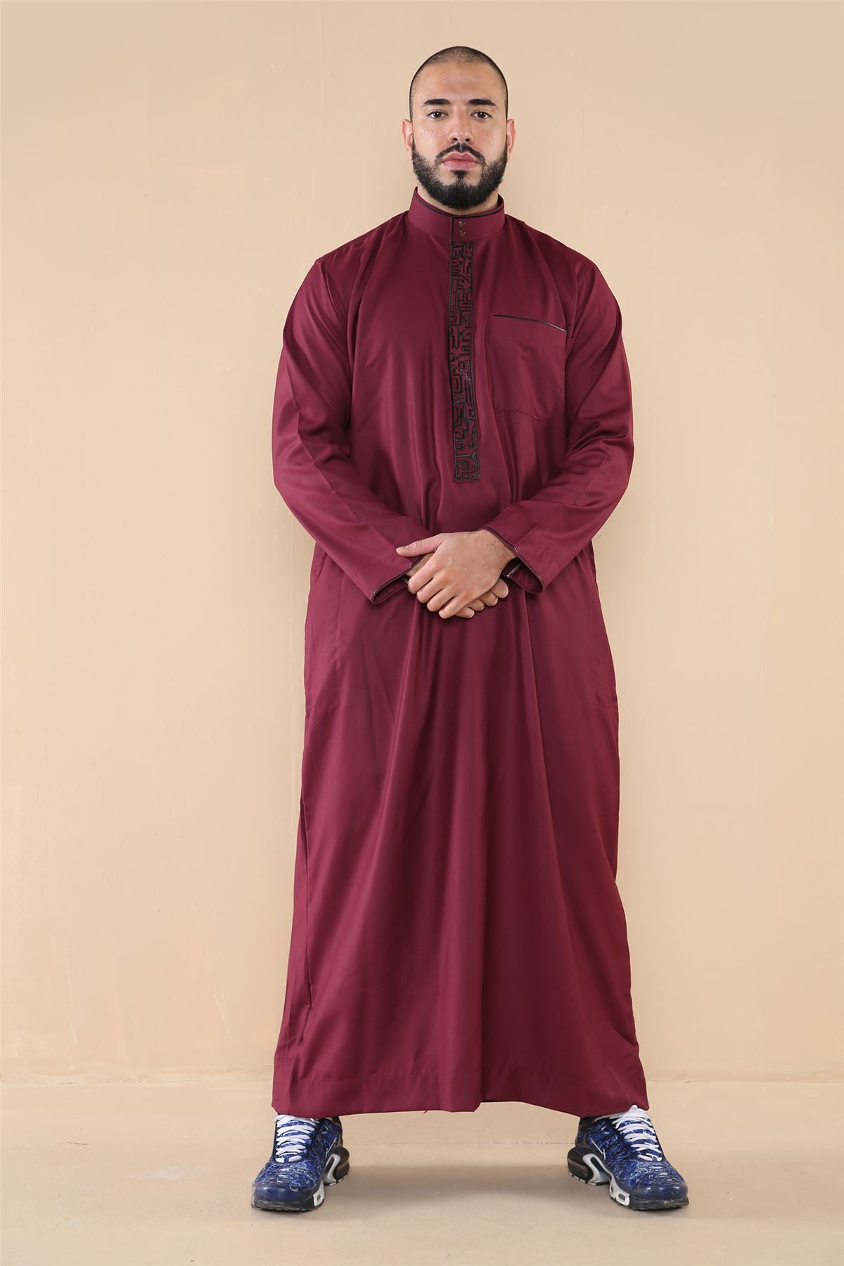 Mens Thobe Jubba Nehru Stand Collar Islamic Clothing Muslim Cotton Kaftan Embroidery Eid Robe Saudi