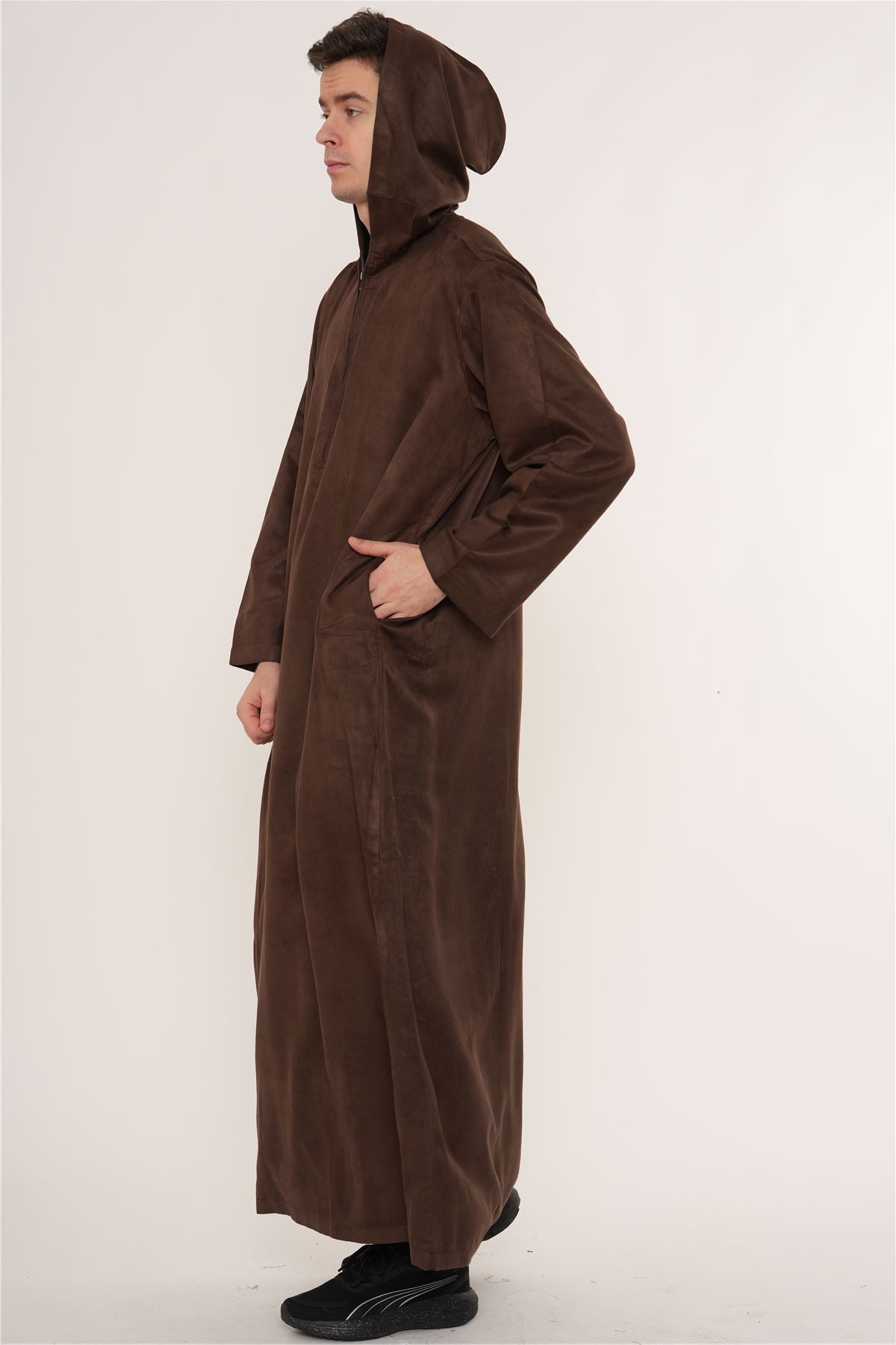 HM12 - Men's Hooded Suede Thobe Emirati Omani Zipped Thobe