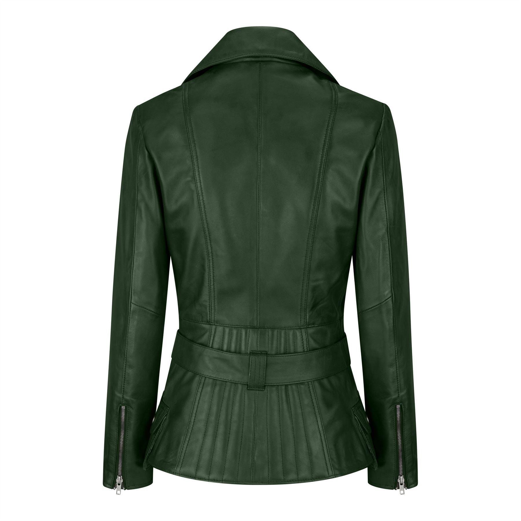Trench Ladies Tan Black Teal Green Mid Length Designer Real Leather Jacket - Knighthood Store