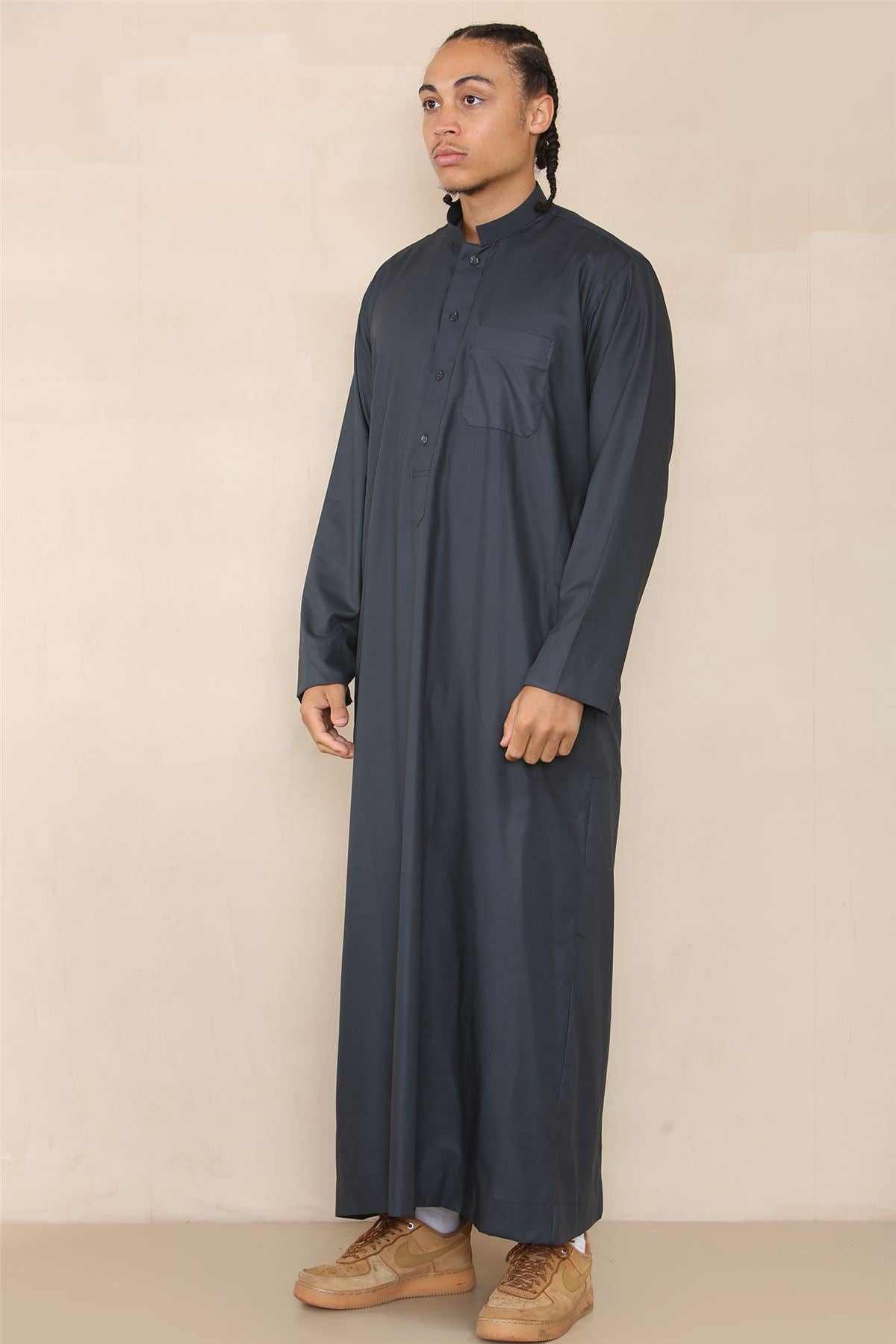 Mens Thobe Jubba Nehru Stand Collar Islamic Clothing Muslim Cotton Kaftan Dress Robe Saudi