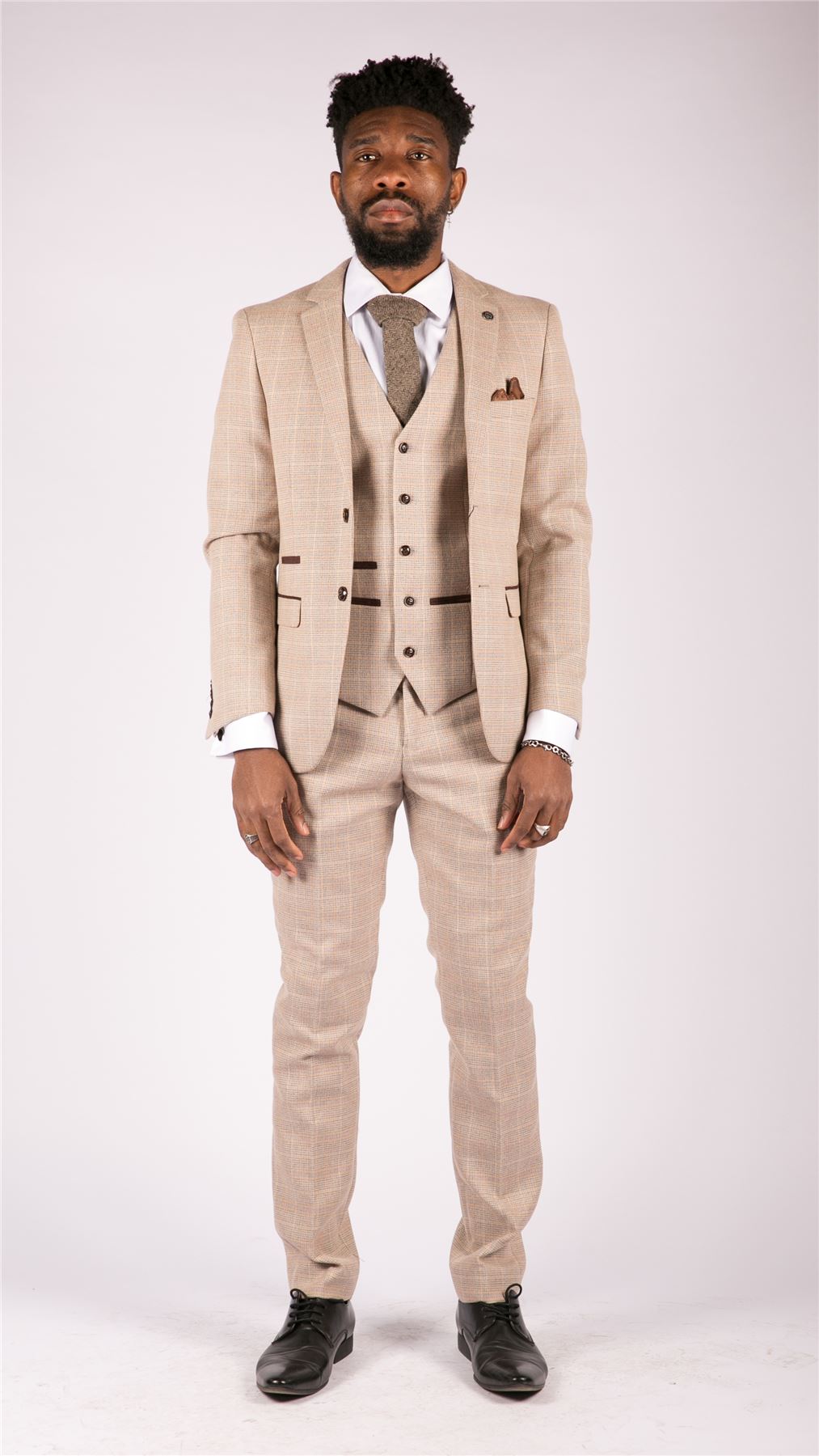 Mens Check Tweed Beige Brown 3 Piece Suit Wedding Prom Vintage Retro Classic