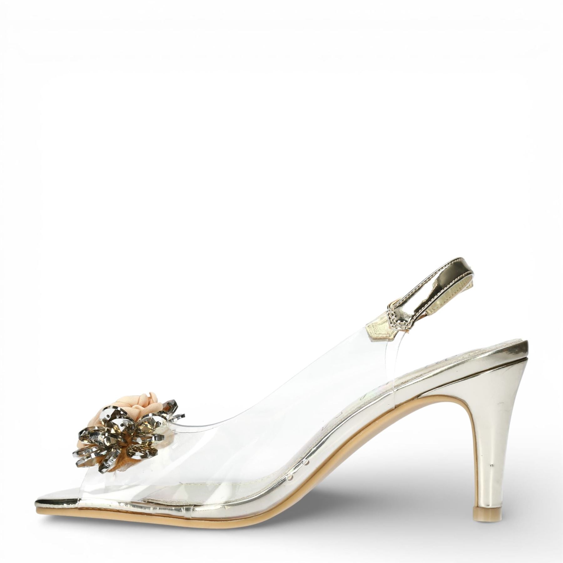 Mira 05 - Women’s Clear Golden Slip-On Heel Sandals
